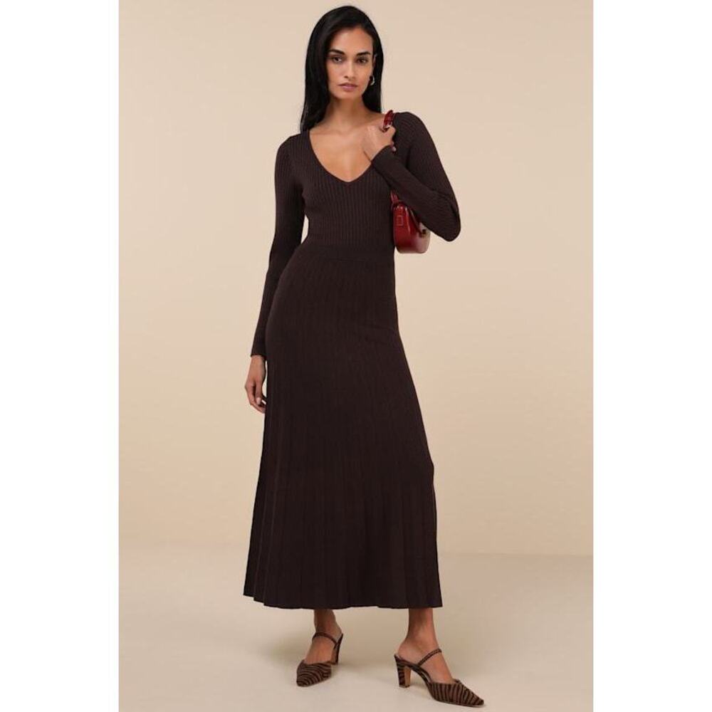 Lulus Snuggly Precision Brown Pleated Sweater Midi Dress - Size M